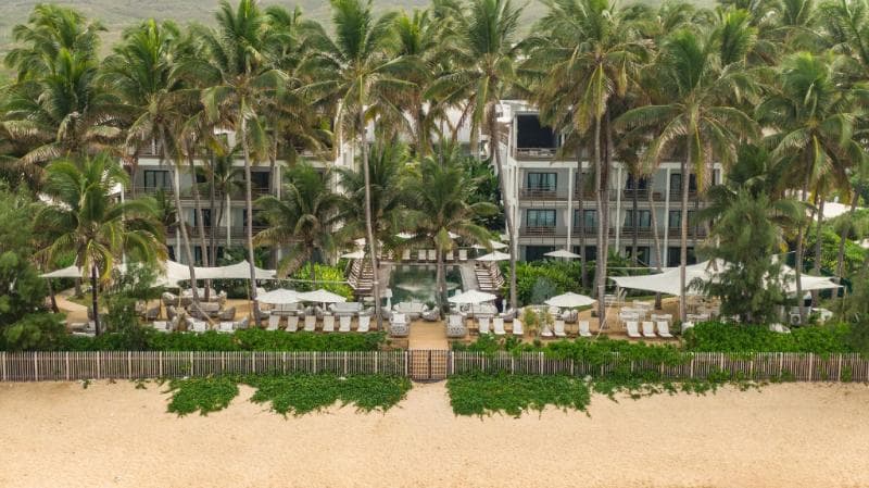 The NESS by D-Ocean at La Saline behind coconut palms, with pool and sunloungers facing the beach