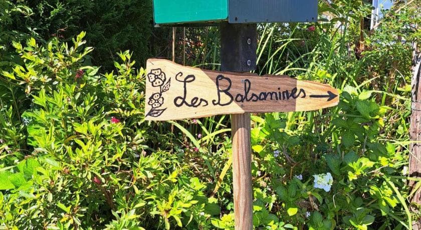 Panneau en bois « Les Balsamines » au milieu des fleurs du jardin