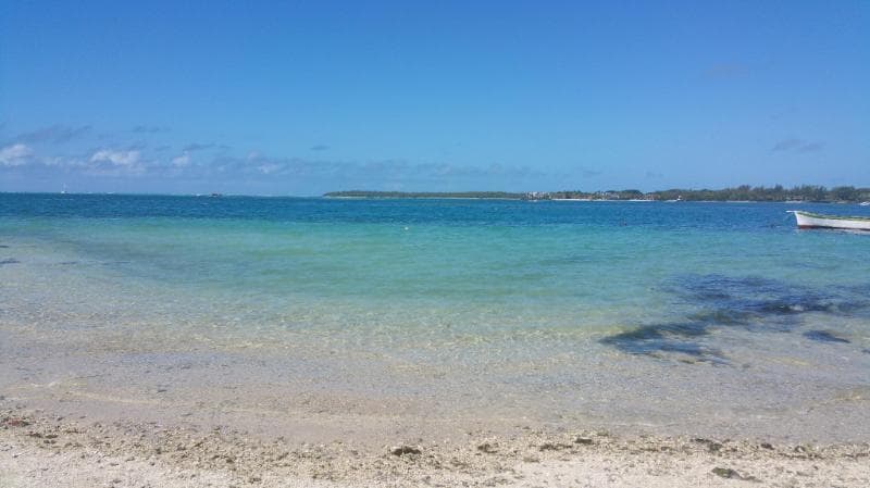 Eau turquoise et transparente au bord d'une plage de sable, île boisée à l'horizon