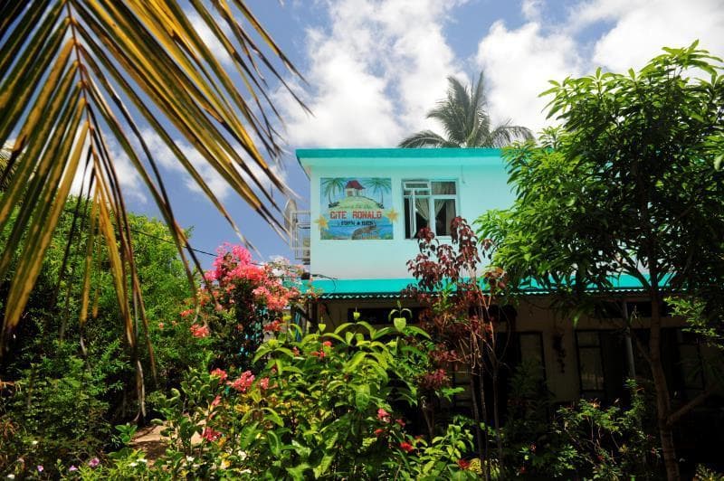 The turquoise front of Chez Ronald guesthouse behind a flowering garden