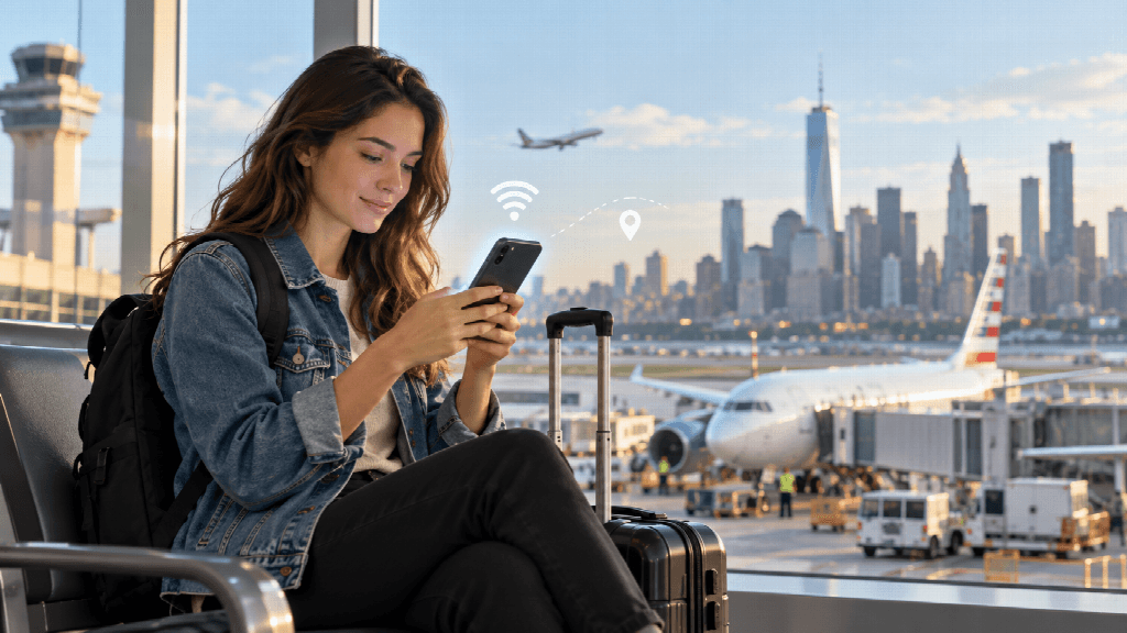 Voyageuse assise dans un terminal d'aéroport, smartphone en main et valise à côté, avec un avion et la skyline de New York en arrière-plan